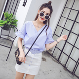 2016夏季新款韩版V领条纹露背衬衫上衣排扣包裙短裙两件套装腰带