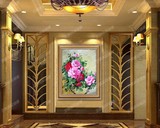 式手绘餐客厅玄关油画牡丹花卉过道竖版挂壁画工装饰花开富贵欧美
