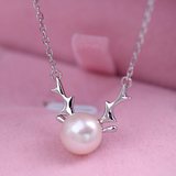 925纯银麋鹿角珍珠项链 可爱小动物锁骨链女短款日韩 圣诞节礼物