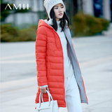 Amii冬季中长款连帽大码修身外套白鸭绒拉链纯色轻薄长袖女羽绒服