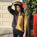 韩国代购Niponjjuya正品韩版春秋女装拼色宽松格子长袖衬衣衫9206