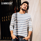 Simwood2016秋季新款洗水做旧复古长袖T恤男士修身圆领条纹海魂衫