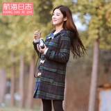 2015新款韩版牛角扣格子呢子外套 中长款加厚宽松毛呢大衣女装