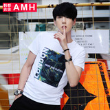 AMH男装韩版2016夏装新款修身网纱印花圆领男士短袖T恤OD5154夢