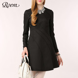 ROEM罗燕新品个性斜线长袖修身连衣裙RCOW51182G专柜正品