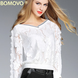 Bomovo2016秋装新品时尚欧美蕾丝衫V领长袖上衣气质百搭打底衫女