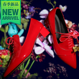 春季新款真皮尖头高跟鞋女鞋 软面红色婚鞋 欧美粗跟纯色深口单鞋