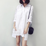 2016夏季新款韩版学院风长袖白色衬衫连衣裙女中长款宽松学生短裙