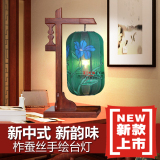中式仿古实木榨丝手绘画台灯卧室床头灯客厅书房古典灯具真丝台灯