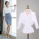2016夏装新款白衬衣韩版时尚休闲收腰显瘦V领短款7分袖女士衬衫潮