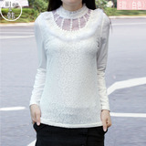 加绒蕾丝打底衫女长袖高领2016春季新款加厚韩版修身白色上衣