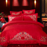 家纺婚庆床品 大红色 全棉贡缎四件套 4件套六件套 新婚床上用品