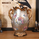 橡树庄园 欧式古典陶瓷双耳玫瑰花瓶摆件 英伦曼舞家居豪宅装饰品
