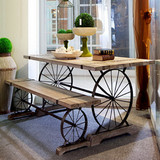 美式创意酒吧咖啡厅长桌椅组合休闲桌椅车轮创意复古铁艺实木餐桌