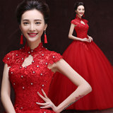 婚纱礼服2016新款春季韩版复古包肩蕾丝齐地红色绑带新娘结婚婚纱