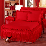 纯棉婚庆大红白色蕾丝花边床裙纯色加厚全棉床罩结婚床品夹棉床笠