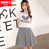 青少年2016夏装韩版少女休闲卡通T恤条纹短裙套装中学生连衣套裙