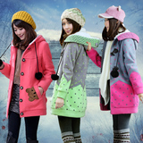2015韩版少女初中生学生冬装毛呢中长款加厚外套加绒连帽卫衣棉衣