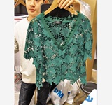 2016韩国东大门代购夏季女装新款蕾丝V领钩花半透明罩衫上衣T恤