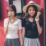 LRUD2016夏季韩版双V领纯色针织短袖女修身弹力短款打底衫T恤女