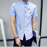 夏季新款男士短袖衬衫韩版修身印花上衣青少年方领半袖衬衣男潮