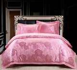 欧式四件套纯棉1.8m床单 粉红刺绣被套贡缎提花2.2米床笠婚庆床品
