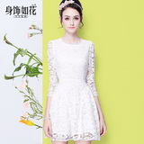 2016春季新款女装 韩版修身气质公主裙A字裙七分袖白色蕾丝连衣裙