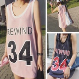 S夏季日系韩版女装无袖宽松背心打底衫中长款上衣篮球衣街舞风潮