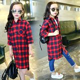 2016新款春秋女童儿童衬衫 韩版潮款中大童女孩红黑格子长袖衬衫