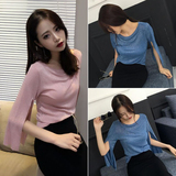 2016夏装新款修身显瘦纯色开叉五分袖T恤 韩国气质休闲上衣女学生