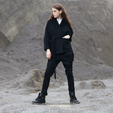 2015欧美高端羊绒大衣女纯手工中长款毛呢女式腰带黑色修身外套
