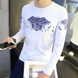 2016春季长袖韩版青少年男士修身男装圆领常规套装潮几何图案T恤