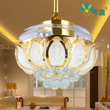 金色隐形吊扇灯 32寸欧式水晶带灯风扇灯 led餐厅卧室客厅电扇灯