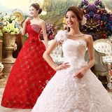显瘦齐地婚纱礼服2015新娘婚纱冬季新款单肩绑带修身韩式大码红色