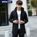 WOOG2005男士风衣2016春季韩版修身薄款中长款黑色连帽外套男潮