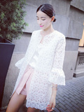 NENE韩国精工白色镂空绣花蕾丝淑女花边喇叭袖七分袖中长款小外套