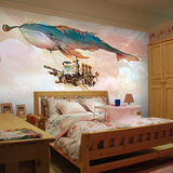 无缝3d壁画 卡通天空之城鲸鱼城堡儿童房卧室背景壁纸墙纸墙画