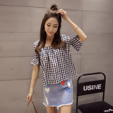 柚子夫人夏季新款韩版喇叭袖棉麻短袖上衣女夏娃娃衫格子宽松衬衫