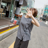 韩版女士T恤夏装宽松不规则开叉竹节棉无袖背心上衣中长款体恤衫