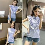 2016夏季新款韩版女装正反两穿修身显瘦蓝白条纹花边无袖衬衫上衣