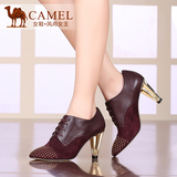 Camel/骆驼 女鞋 2015秋新款真皮小牛皮羊绒圆头系带高跟深口单鞋