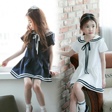 韩版童装女童夏季日系纯棉水手服连衣裙儿童清纯海军条纹学生裙