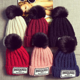 韩国中青年潮流秋冬户外可爱贴布兔毛球帽子加厚保暖针织套头帽