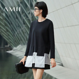 Amii套头卫衣女2016秋装新款宽松撞色拼接中长款外套长袖T恤女士