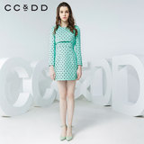 品牌特卖ccdd2016春装新款压印花假两件长袖连衣裙高腰修身包臀裙