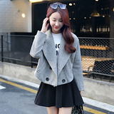 2015冬季最新韩版时尚纯色直筒翻领单排扣长袖毛呢短款外套女包邮