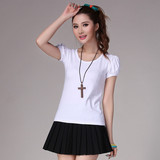 2016夏季新款韩版女装短袖t恤白色纯棉修身显瘦学生泡泡袖上衣潮