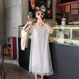 韩版夏季女装钩花镂空蕾丝网纱背心裙罩衫+吊带无袖中长款T恤套装