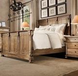 出口美式乡村双人床 橡木雕刻 复古做旧全实木床 法式床 原木色