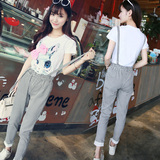 2015春夏装新品韩版女装可拆卸2穿条纹格子休闲背带裤女